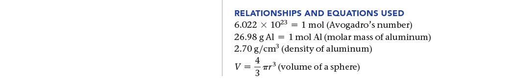 RELATIONSHIPS AND EQUATIONS USED 6.022 x 1023 = 1 mol (Avogadro's number) 26.98 g Al 1 mol Al (molar mass of