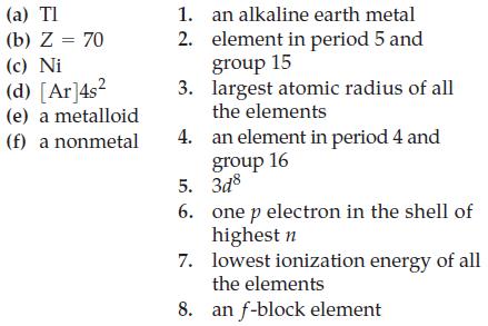 (a) Tl (b) Z = 70 (c) Ni (d) [Ar]4s (e) a metalloid (f) a nonmetal 1. an alkaline earth metal 2. element in