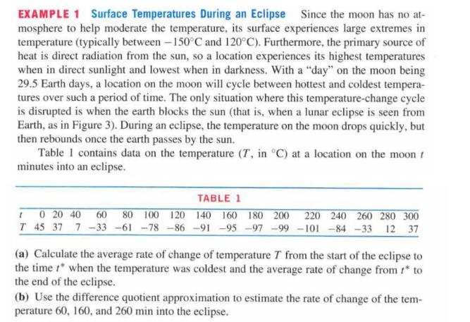 EXAMPLE 1 Surface Temperatures During an Eclipse Since the moon has no at- mosphere to help moderate the