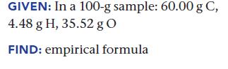 GIVEN: In a 100-g sample: 60.00 g C, 4.48 g H, 35.52 g O FIND: empirical formula