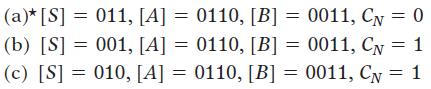 (a)* [S] = 011, [A] = 0110, [B] = 0011, CN = 0 (b) [S] = 001, [A] = 0110, [B] = 0011, CN = 1 (c) [S] = 010,