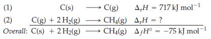 C(s) C(g) (1) (2) C(g) + 2 H(g)  CH4(g) Overall: C(s) + 2 H2(g)  CH4(g) 1 A,H = 717 kJ mol- AH = ? AH = -75