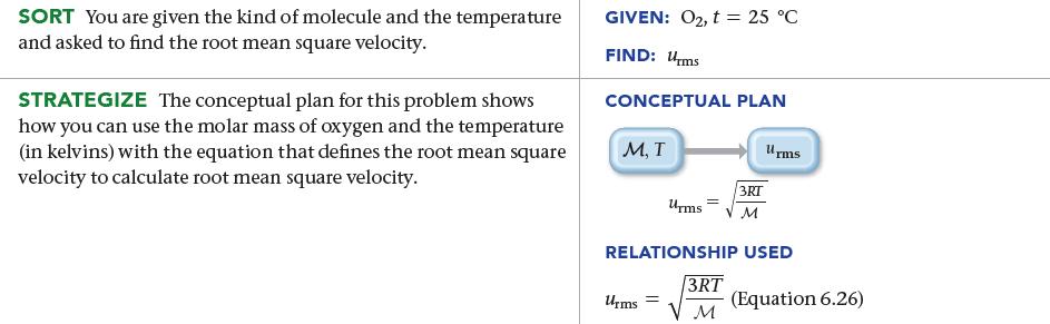 SORT You are given the kind of molecule and the temperature and asked to find the root mean square velocity.