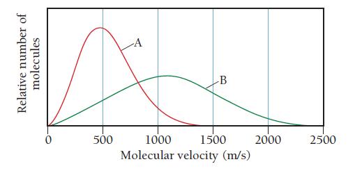 Relative number of molecules 500 -A -B 1000 1500 Molecular velocity (m/s) 2000 2500