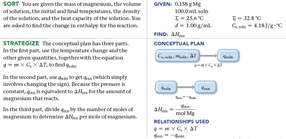 SORT You are given the mass of magnesium, the volume of solution, the initial and final temperatures, the