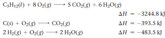 CsH12(I) + 8 O2(g) C(s) + O2(g) 2 H2(g) + O2(g) 5 CO2(g) + 6 HO(g)  CO2(g) 2 H2O(g)    = -3244.8 kJ = =