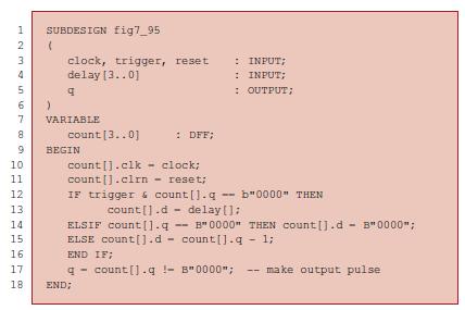 12345 6 7 8 9 SUBDESIGN fig7_95 ( ) clock, trigger, reset delay [3..0] q VARIABLE count [3..0] BEGIN 10 11 12