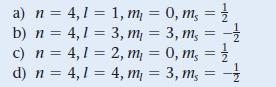 a) n = 4,1 = 1, m = 0, m, = // b) n = 4,1 = 3, m = 3, m, = -1/ c) n = 4,1 = 2, m = 0, m, = // d) n = 4,1 4, m
