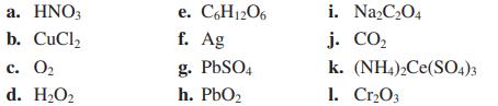 a. HNO3 b. CuCl c. 0 d. HO e. C6H12O6 f. Ag g. PbSO4 h. PbO i. NaCO4 j. CO k. (NH4)2Ce(SO4)3 1. Cr03
