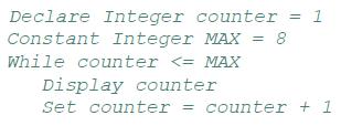 Declare Integer counter = 1 Constant Integer MAX 8 While counter
