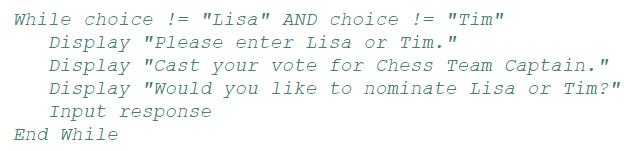 While choice != "Lisa" AND choice != "Tim" Display "Please enter Lisa or Tim. " Display "Cast your vote for