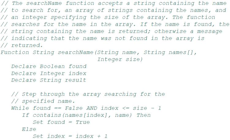 // The searchName function accepts a string containing the name // to search for, an array of strings