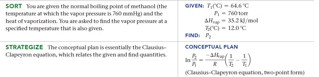 SORT You are given the normal boiling point of methanol (the temperature at which the vapor pressure is 760