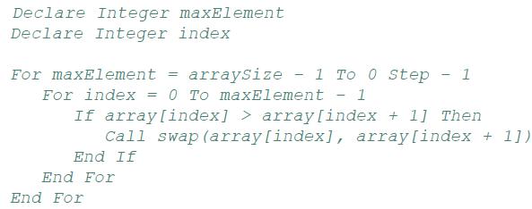 Declare Integer maxElement Declare Integer index For maxElement = For index arraySize - 1 To 0 Step 1 0 To
