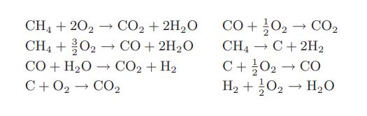 CH4 + 202 CO + 2HO CH4 + 02 -  CO + 2HO CO+H2O  CO2+H2 C+02  CO2 CO + 0  CO2 CH C+ 2H  C+0  CO H + 0  HO