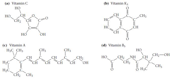 (a) Vitamin C HO HO CH CH HC HO  (b) Vitamin K3 CH HC T HC CH CH (c) Vitamin A (d) Vitamin Bs HO H3C CH3 CH3