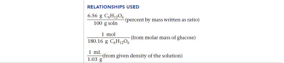 RELATIONSHIPS USED 6.56 g C6H1206 100 g soln (percent by mass written as ratio) 1 mol 180.16 g C6H1206 1 mL