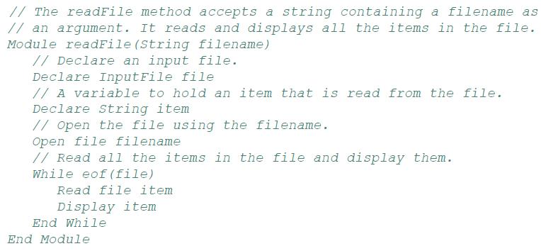 // The readFile method accepts a string containing a filename as // an argument. It reads and displays all