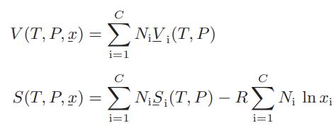 C V(T, P,x) =  NV,(T, P) - i=1 C S(T, P,x) =  NS (T, P) - R  N; In ai i=1 i=1