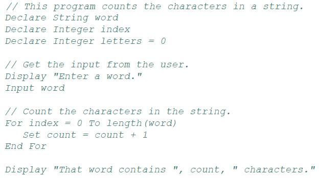 // This program counts the characters in a string. Declare String word Declare Integer index Declare Integer