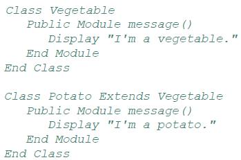 Class Vegetable Public Module message () Display "I'm a vegetable." End Module End Class Class Potato Extends