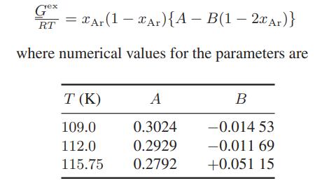 yex Ge *Ar(1 - Ar){A - B(1 - 2 Ar)} where numerical values for the parameters are RT T (K) A 109.0 0.3024