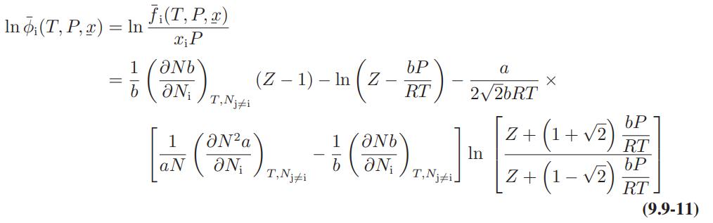 In ;(T, P, x) = In - fi(T, P, x) x;P 1 N ON; (Z - 1) - In (Z bP RT a 22bRT T,Nji In [IN (N.) TEAM - 1 (N.)