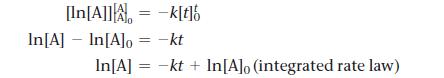[In[A]] = k[t] In[A] In[A]o -kt In[A] = kt + In[A]o (integrated rate law)