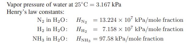 Vapor pressure of water at 25C = 3.167 kPa Henry's law constants: N in HO: H in HO: NH3 in HO: HN2 = 13.224 