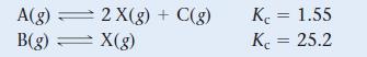 A(g) = B(g) = 2X(g) + C(g) X(g) Kc = 1.55 Kc = 25.2