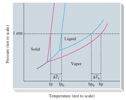 Pressure (not to scale) 1 atm Solid Liquid Vapor I I I T I I I AT fp fPo Temperature (not to scale) AT bpo bp