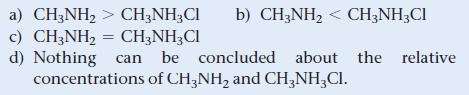 a) CH3NH > CH3NH3Cl b) CH3NH < CH3NH3Cl c) CH3NH = CH3NH3Cl d) Nothing can be concluded about the relative