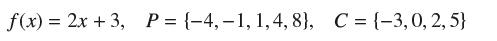 f(x) = 2x + 3, P = {-4,-1, 1, 4, 8), C = {-3, 0, 2,5}