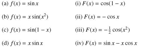 (a) f(x) = sin x (b) f(x)= x sin(x) (c) f(x)= sin(1 - x) (d) f(x) = x sin.x (i) F(x) = cos(1-x) (ii) F(x) =