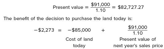 $91,000 1.10 $82,727.27 The benefit of the decision to purchase the land today is: -$2,273 = Present value =