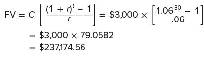 FV = C [ (1 +4 - 1] = r)t $3,000 X $3,000 x 79.0582 = = $237,174.56 1.06 30 .06