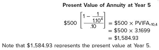 Present Value of Annuity at Year 5 1 1.104 = $500 x PVIFA, 10,4 = $500 x 3.1699 = $1,584.93 Note that
