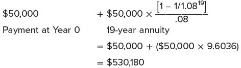 $50,000 Payment at Year O + $50,000 X [1-1/1.08 19 .08 19-year annuity $50,000+ ($50,000  9.6036) $530,180