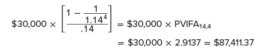 $30,000 x 1 1 1.144 .14 = $30,000 x PVIFA14,4 = = $30,000 x 2.9137= $87,411.37