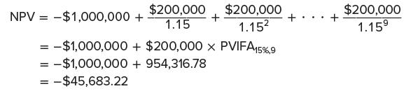 NPV = $1,000,000 + $200,000 $200,000 1.15 1.15 + = $1,000,000+ $200,000 x PVIFA15%,9 = $1,000,000 +