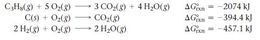 C3H8(8) + 5O2(8) C(s) + O(g) 2 H(g) + O(8) 3 CO(g) + 4HO(g) CO(g) 2 HO(g) A Grxn AGxn AGxn = - 2074 kJ -394.4