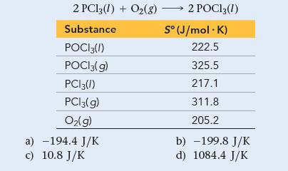 2 PC13 (1) + O(g) Substance POCI3(1) POCI3(g) PC13(1) PC13(g) O(g) a) -194.4 J/K c) 10.8 J/K 2 POCI(1) S