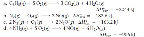 a. C3H8(g) + 5 O(g) b. N(g) + O(g) c. 2 N(g) + O(g) d. 4 NH3(g) + 5 O(g) - 3 CO(g) + 4HO(g) AHixn +182.6 kJ =