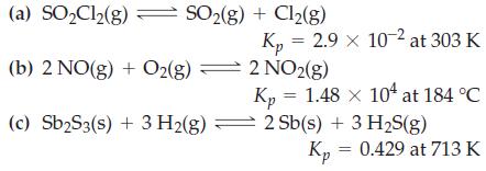 (a) SOCl(g) SO(g) + Cl(g) (b) 2 NO(g) + O2(g) (c) SbS3(s) + 3 H(g) Kp = 2.9 x 10-2 at 303 K 2 NO2(g) Kp =