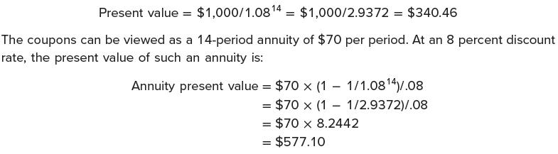 Present value = $1,000/1.08 14: = $1,000/2.9372 = $340.46 The coupons can be viewed as a 14-period annuity of
