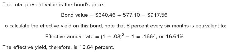 The total present value is the bond's price: Bond value = $340.46 +577.10 = $917.56 To calculate the