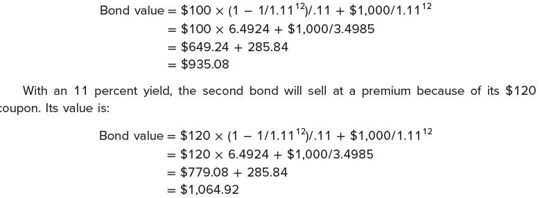 Bond value = $100 x (1 1/1.11 2.11 + $1,000/1.112 = = $100 x 6.4924 + $1,000/3.4985 - = $649.24 + 285.84 =