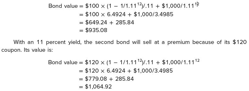 Bond value = $100 x (11/1.11 2.11 + $1,000/1.11/ = $100 x 6.4924+ $1,000/3.4985 = $649.24 + 285.84 = $935.08