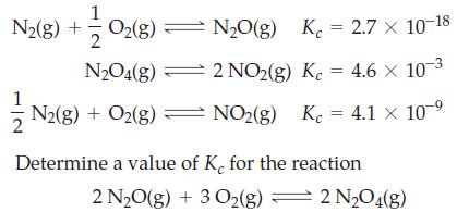 1 N2(g) + O2(g) = NO(g) K = 2.7  10-18 2 NO2(g) Kc = 4.6 x 10- Kc = 4.1  10- N2O4(g) N2(g) + O2(g)  NO(g)