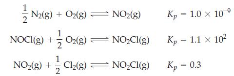 N2(g) + O2(g)  NO(g) 102(8) NOCl(g) 1 NO2(g) + Cl(8)  NOCl(g) 2 NOCI(g) + Kp = 1.0  10-9 Kp = 1.1  102 Kp =